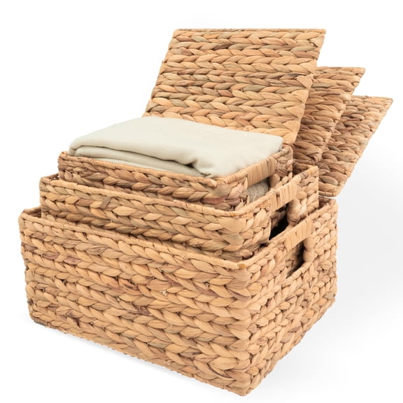 Set of 3 Wicker Baskets with Lid - Woven Storage Basket with Lid - Decorative Storage Boxes for Bathroom, Bedroom and Shelve