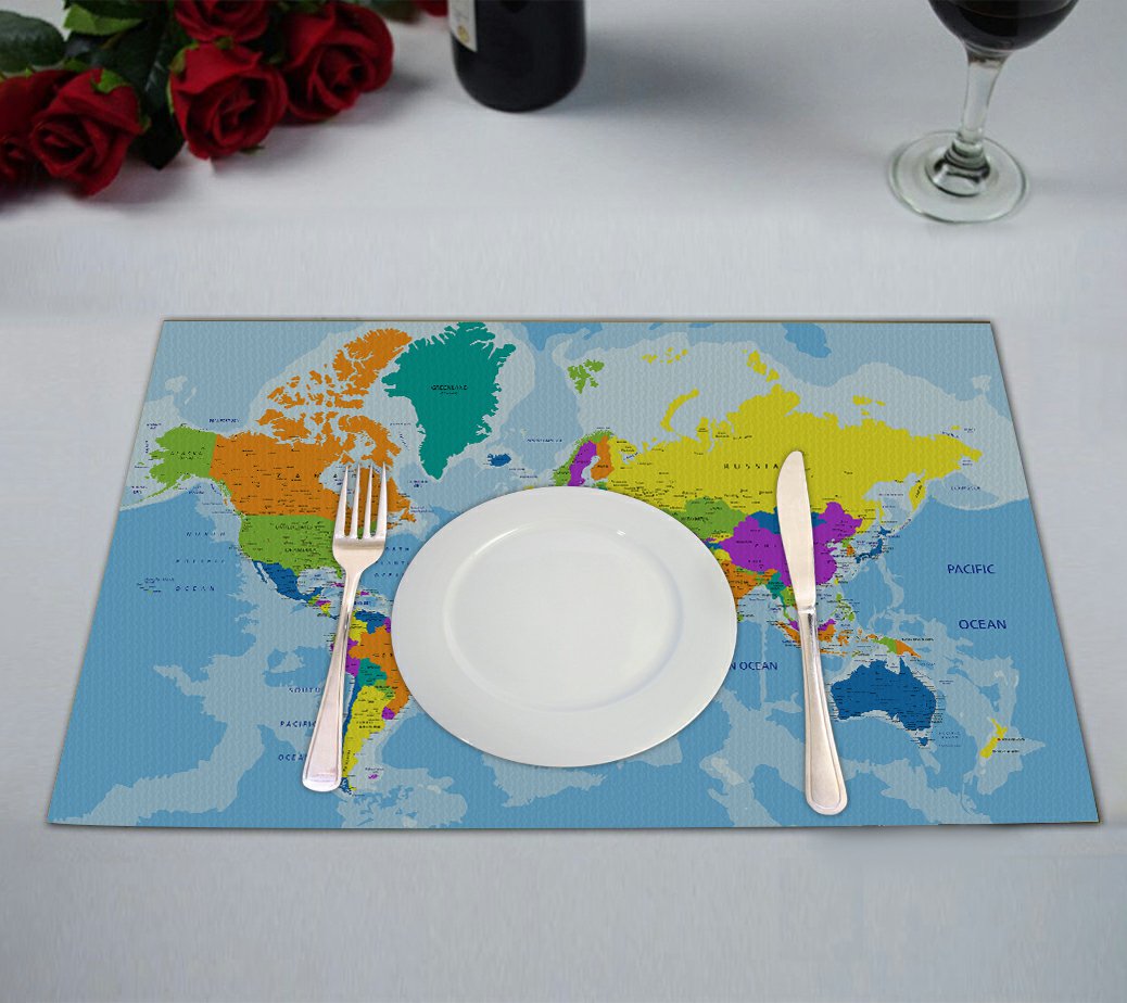 GCKG Educational Placemat, Colorful World Map Placemat 12x18 Inch,Set