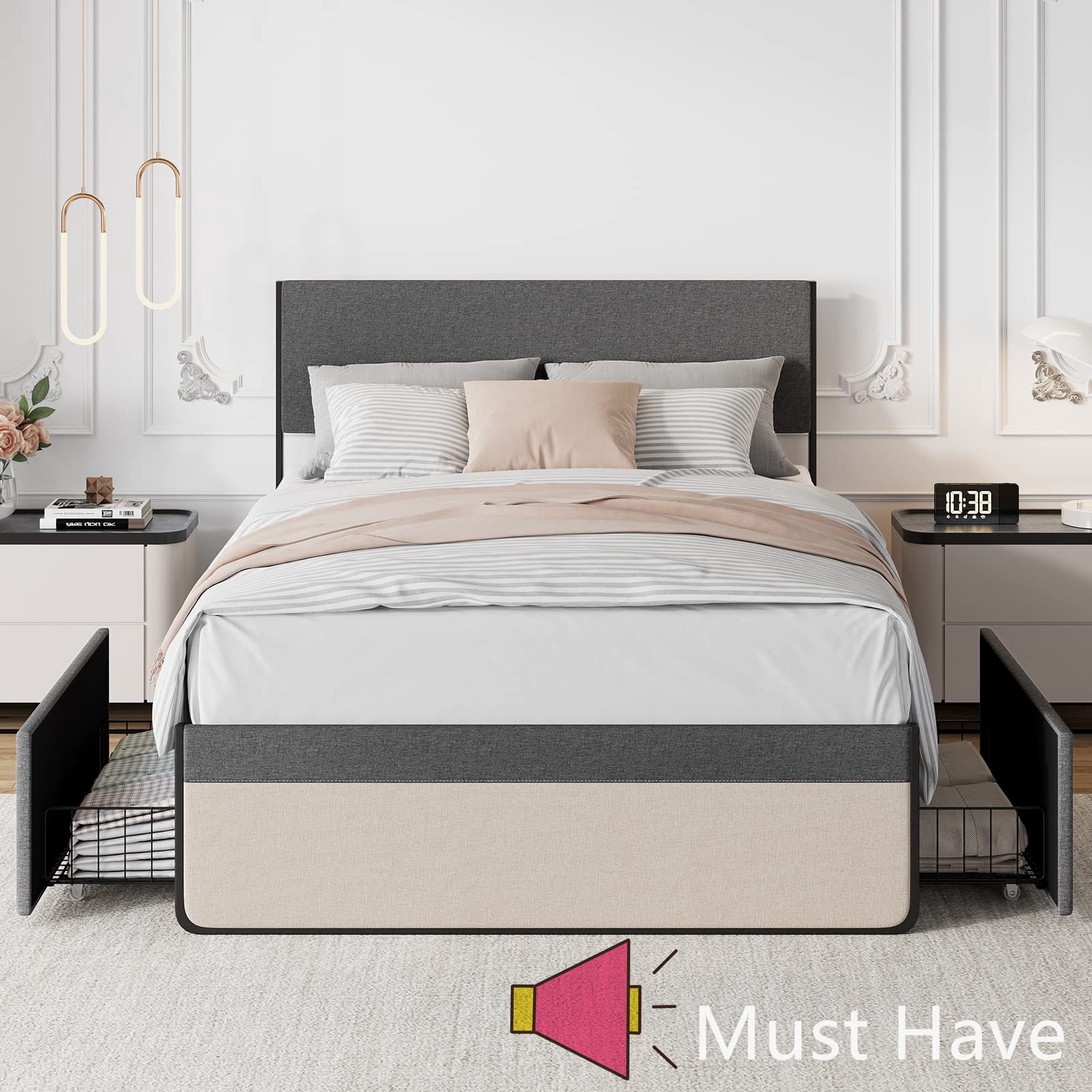 Jojoka Queen Size Upholstered Platform Bed Frame with 2 Storage Drawers, Headboard & Footboard, 14" Mattress Foundation with Steel Slats, Noise-Free Design, No Box Spring Needed