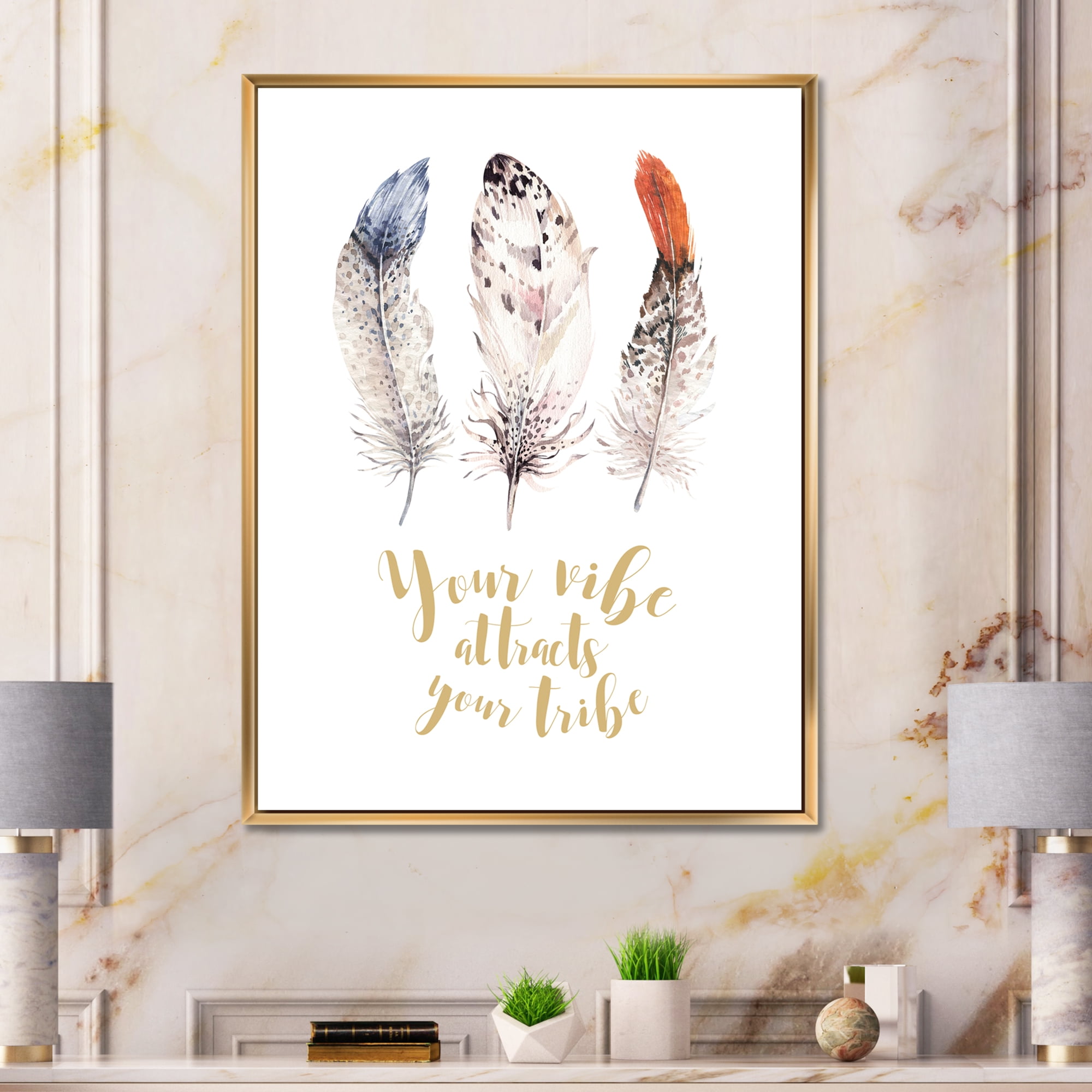 Designart 'Your Vibe Attracts Your Tribe Ethnic Feathers II' Bohemian & Eclectic Framed Canvas Wall Art Print