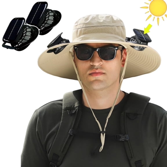 SunBreeze Wide Brim Solar Fan Hat, UPF 50 Sun Protection Fishing Hat with Dual Cooling Fans, Adjustable Outdoor Hat for Men & Women, Khaki