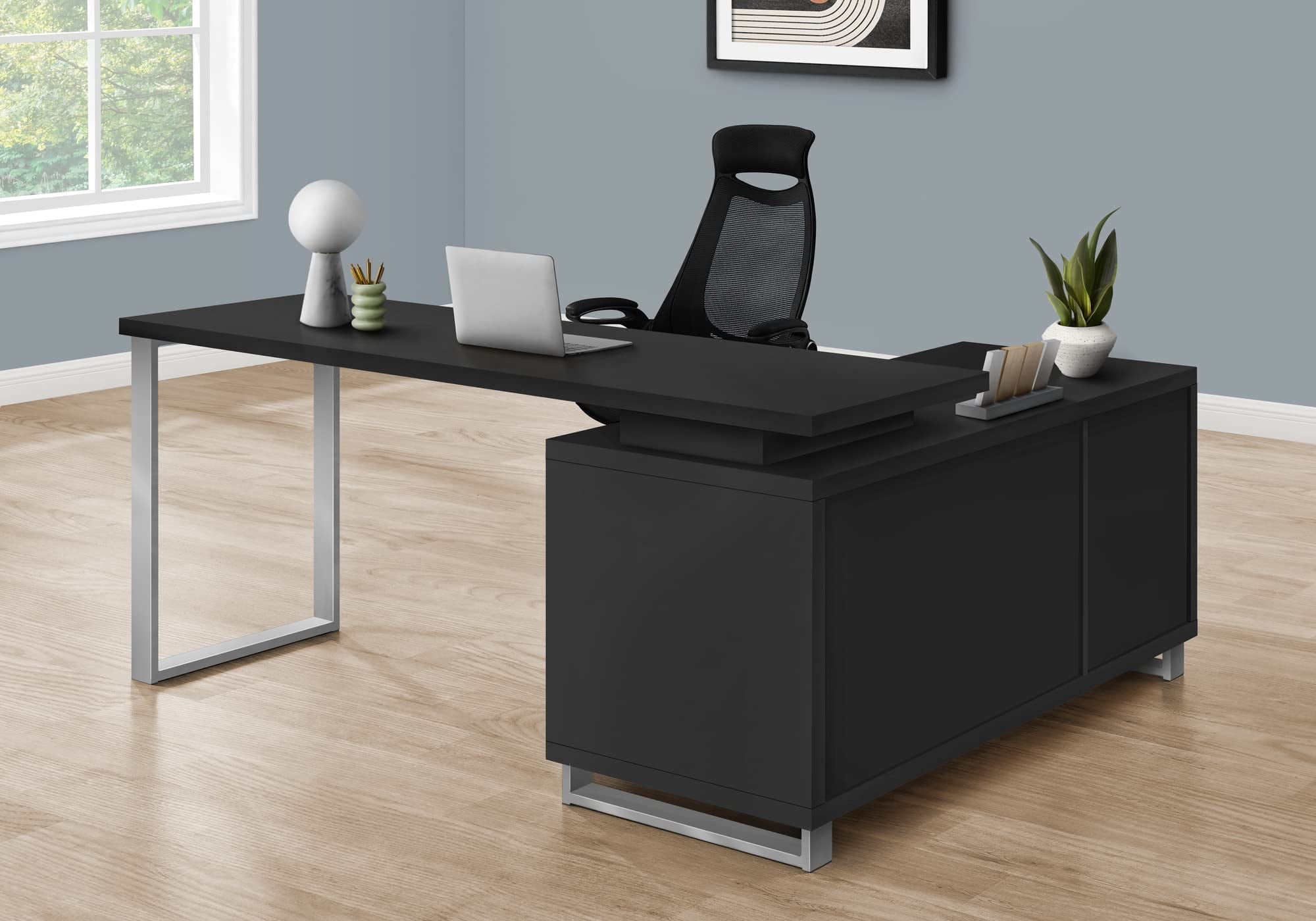 Pemberly Row Corner Computer Desk 72"L L-Shape in Black Laminate