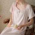 thumbnail image 5 of Defitshape Women's Cotton Victorian Nightgown Summer Soft Ruffle Short Sleeve Long Billowy Lace Trim Square Neck Vintage Frilly Shirred Pink Small, 5 of 5