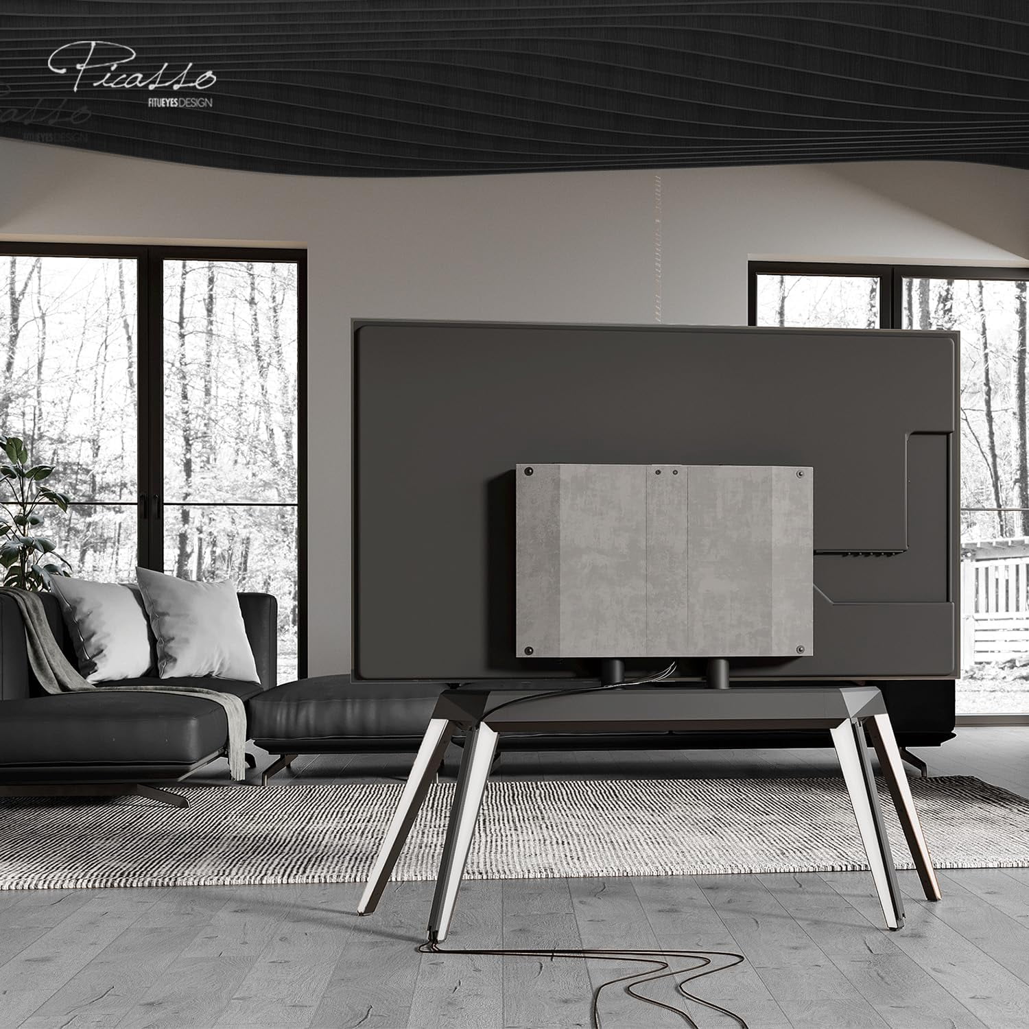 FITUEYES Picasso Series Floor TV Stand for 65–88 Inch TVs, Black & White, Cable Management
