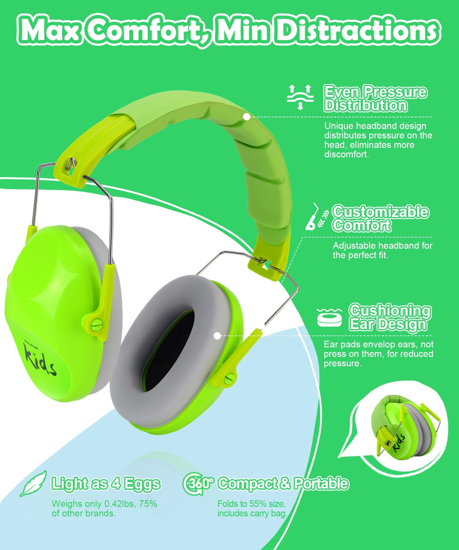 PROHEAR 032 2.0 Kids Noise Cancelling Headphones with Adjustable Headband - 25dB NRR Autism Ear Protection for Child at Mowing Studying Sleeping Racing - Green and Blue, 2 Pack