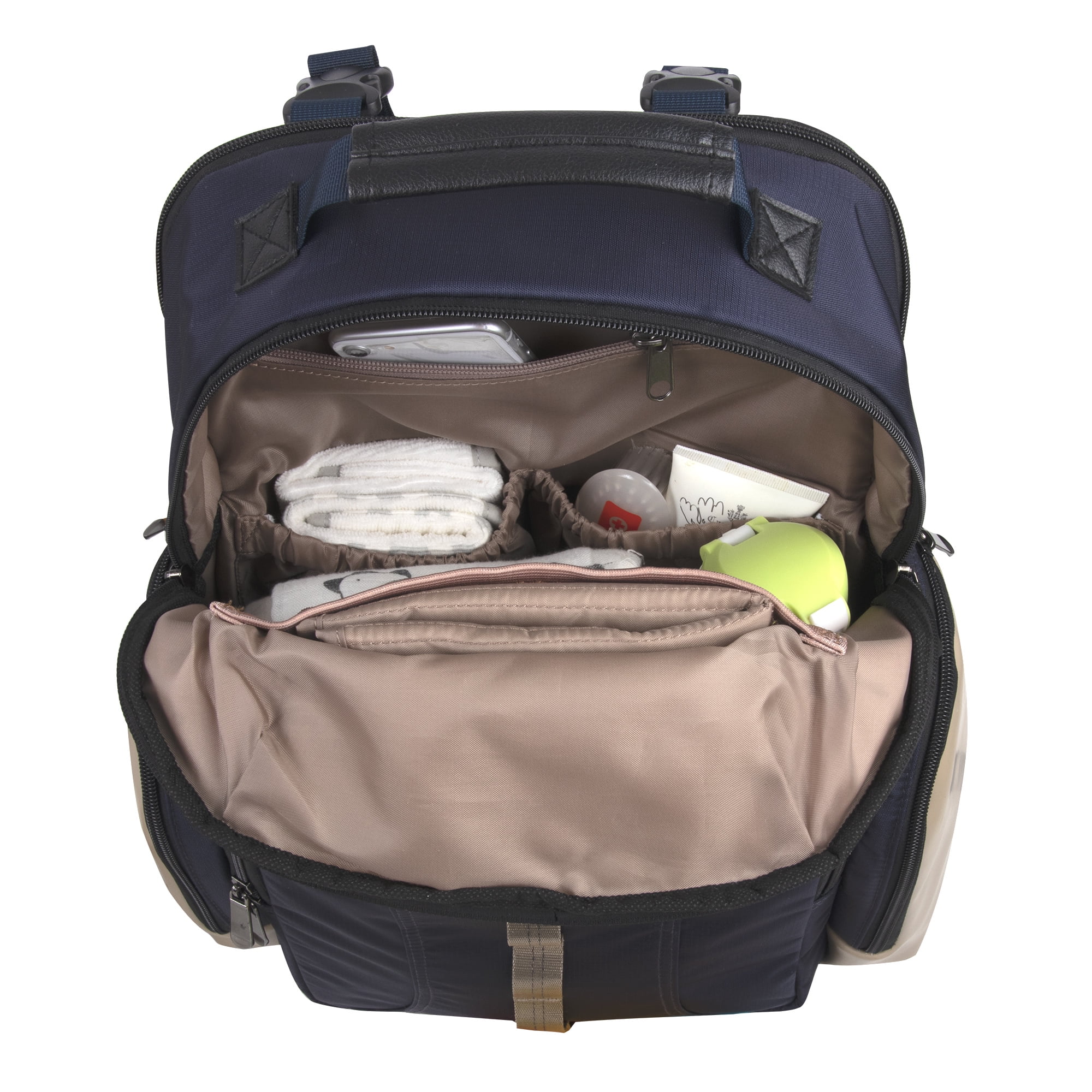 Baby Essentials Super Cooler Multi-Pocket Dual Zipper Closure Diaper Bag Backpack with Matching Changing Pad, Insulated Bottle Pockets and Stroller Straps in Navy Blue & Tan