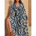 thumbnail image 6 of Females Boho Floral Long Sleeve Maxi Dress V Neck Waist Fall Wedding Guest Dresses with Pockets Navy Blue S, 6 of 9