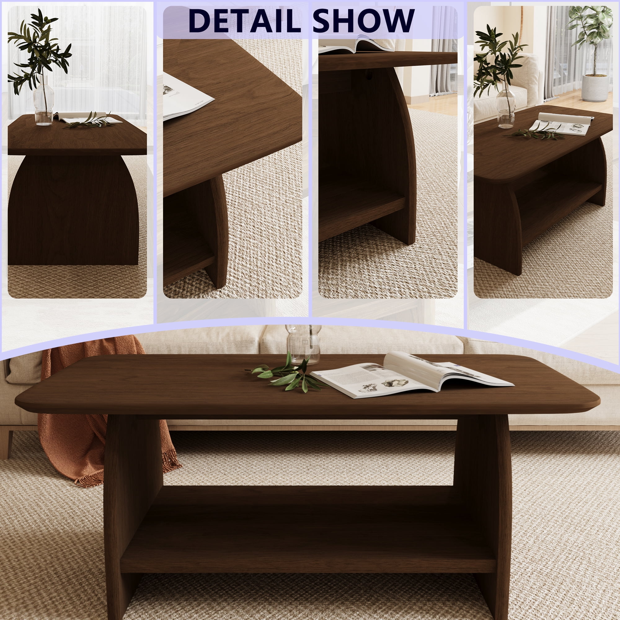Modern Minimalist Coffee Table, 47 inch Double-Layer Rectangular Coffee Table with Storage, Safety Rounded Design, MDF Wood Material, for Living Room, Easy Assembly