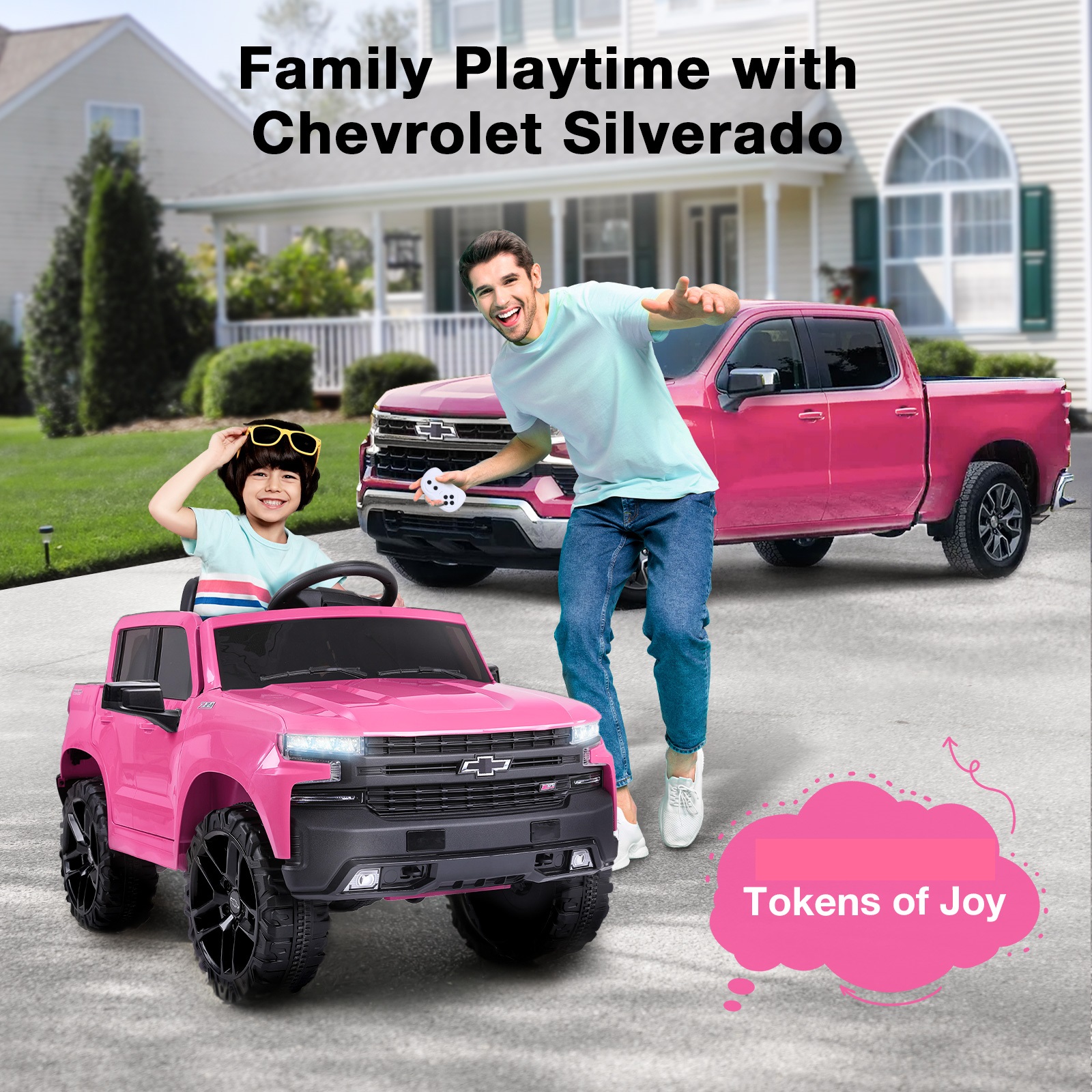 FUNTOK Licensed Chevrolet Silverado Kids Electric Ride on Toys,Battery Powered 12V Child Ride on Truck Car w/ Parent Remote Control and Storage Trunk, Pink