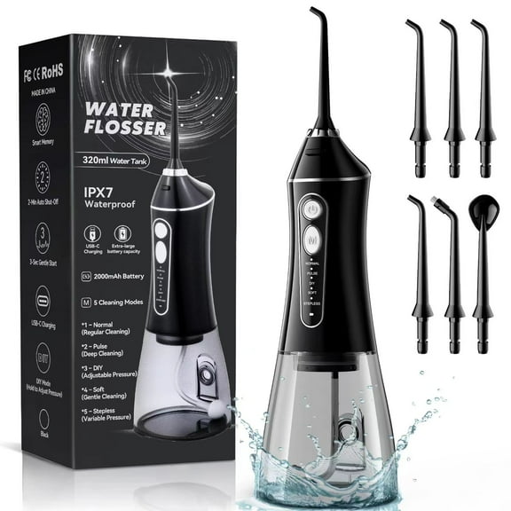 COISUIM Cordless Water Flosser for Teeth with 6 Jet Tips, DIY 5 Modes 320ML Tank IPX7 Waterproof Portable Rechargeable water flosser for Dental Hygiene Cordless for Home and Travel, Black