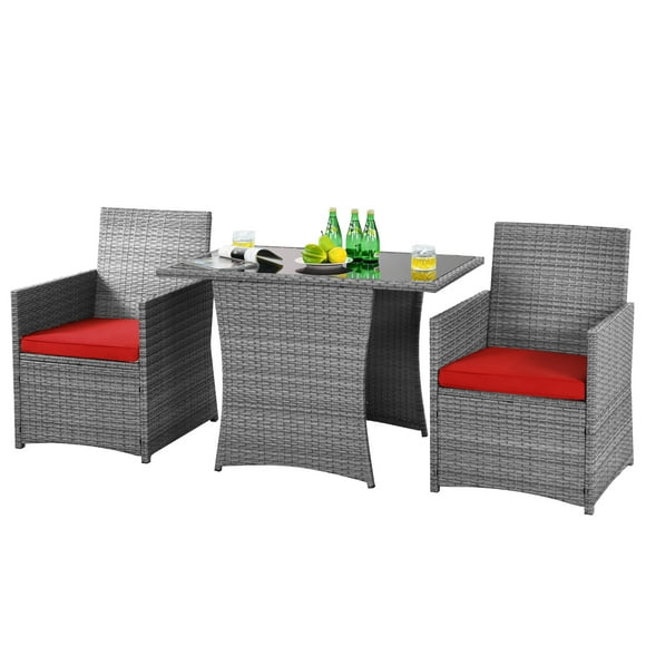 Patiojoy 3PCS Patio Rattan Furniture Set Outdoor Wicker Table & Chair Set w/Cushions Red