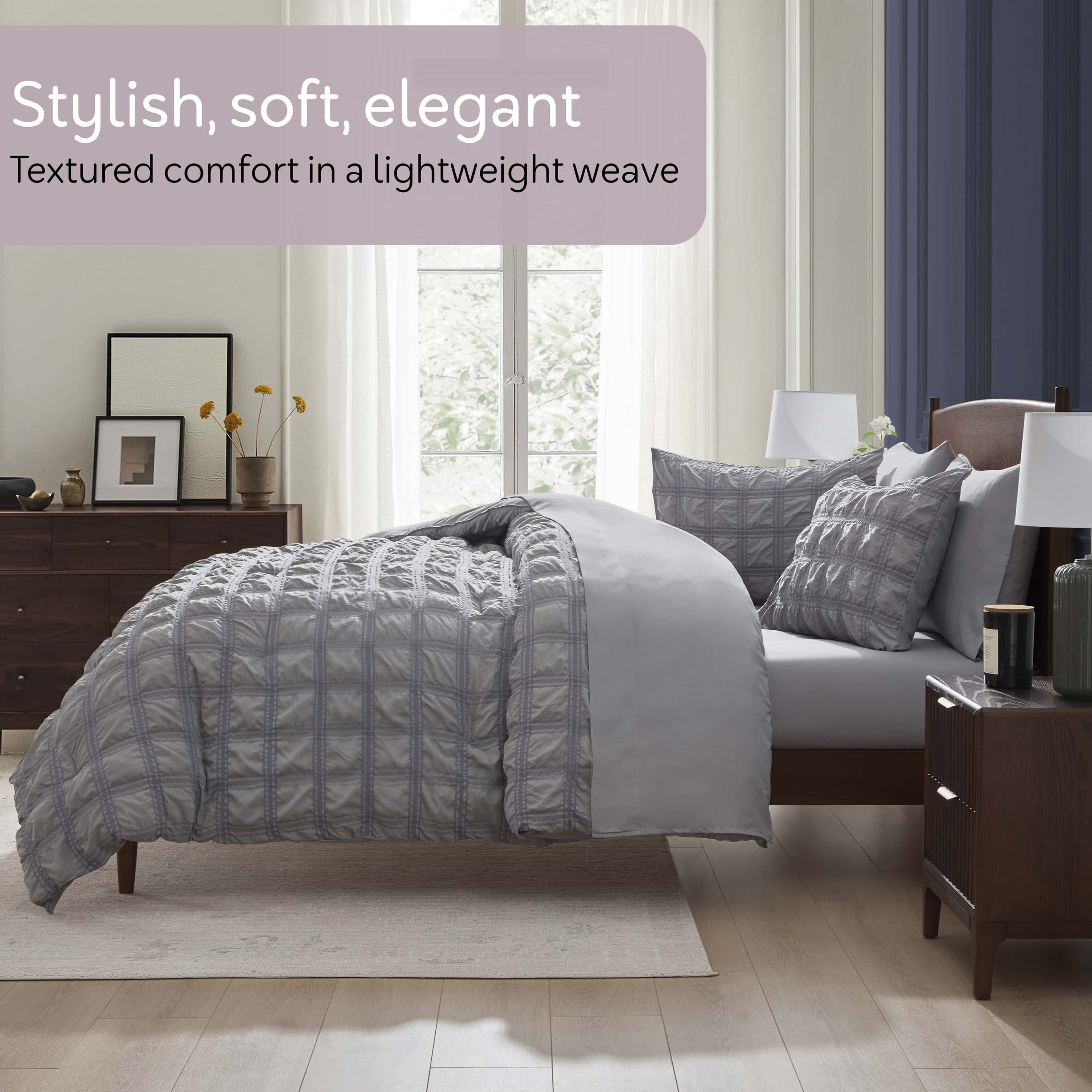 Virtu King Comforter Set, Seersucker King Size Comforter Set, 7-Pc All Season Bedding Comforter Set, Gray