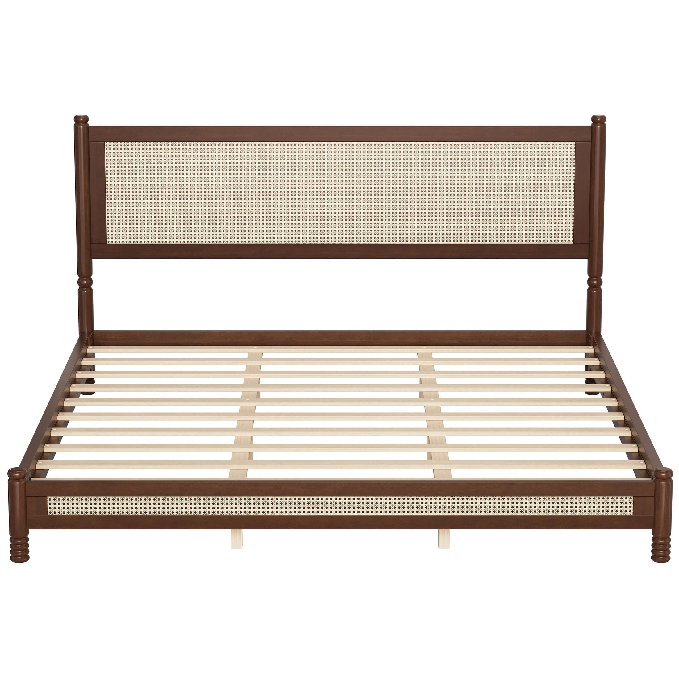 GDF Studio Annes King Size Boho Rattan Platform Bed Frame with Turned Legs, Woven Cane Pine Wood Bed Frame, Walnut