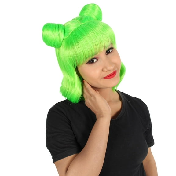 HPO Adult Women's Short Double Bun Space Galaxy Wig, Light Green Bachelorette Party and Group Costume Hair | Made of Synthetic Fiber
