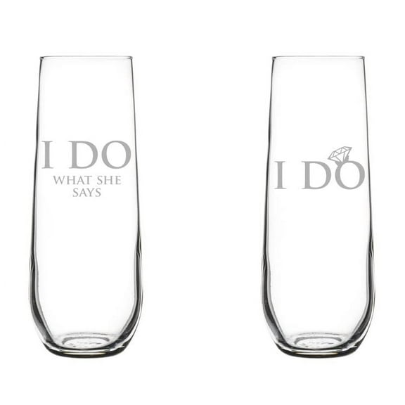 Set of 2 Glass Champagne Flutes Sparkling Wine Glasses I Do What She Says Funny Bride And Groom Wedding Toasting Anniversary Engagement (8.5 oz Stemless)