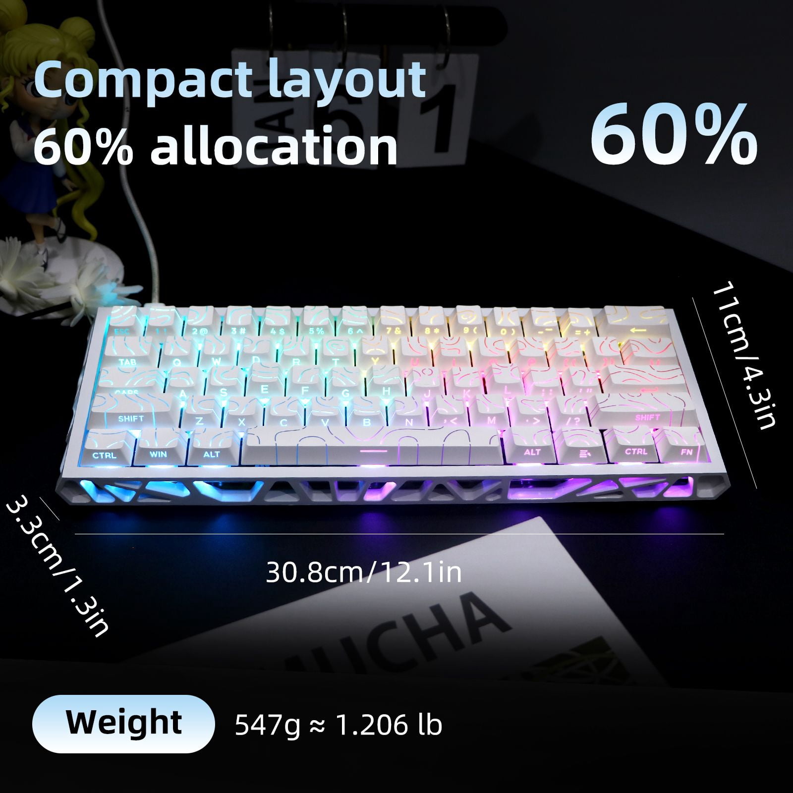 61 Keys Mechanical Keyboard, 60% Layout, Hollow Shell in 6 Colors, RGB Backlit, Full N-Key Rollover, Hot-Swappable Linear Red Switch, Backlit PBT Keycaps