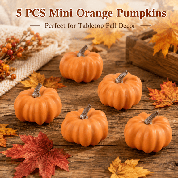Mini Artificial Pumpkins 5 Pack, Orange Foam Pumpkins, Small Fall Table Decorations for Thanksgiving Halloween Mantel Tray Bowl Home Decor, 2.7*1.9in
