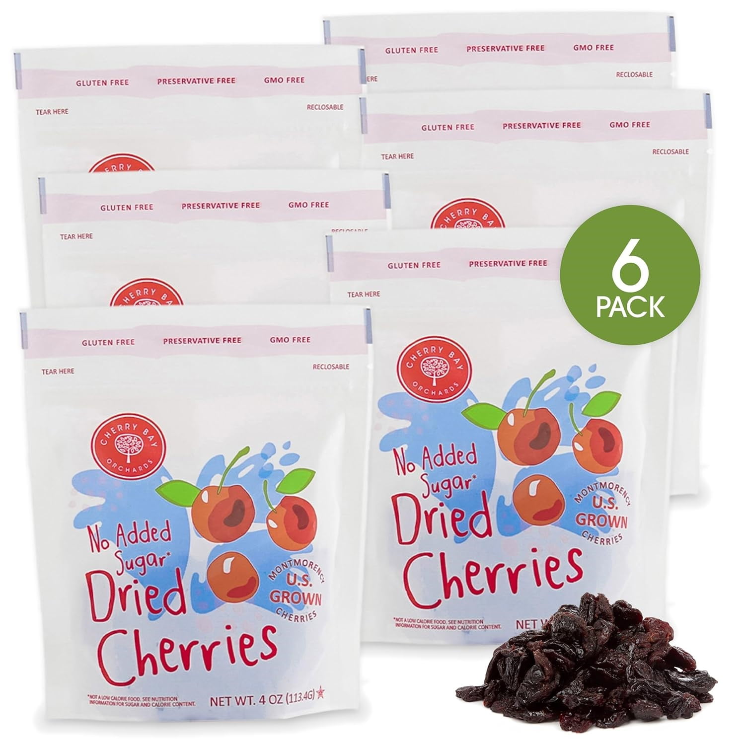 Cherry Bay Orchards No Added Sugar Dried Montmorency Cherries - Case of 6 - 4 oz resealable bags