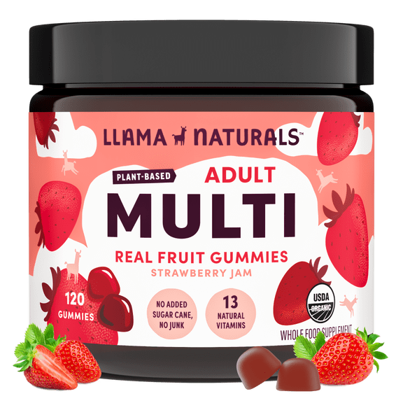 Llama Naturals Multivitamin for Women & Men, Vegan, Organic Gummies with Vitamin D, C & K, Adults Real Fruit Gummy Vitamins, Chewable Multivitamin Supplement, No Added Sugar Cane, Strawberry, 120 Ct