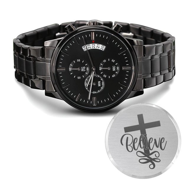 Believe Christ Engraved Bible Verse Men's Watch Multifunction Stainless Steel W Copper Dial