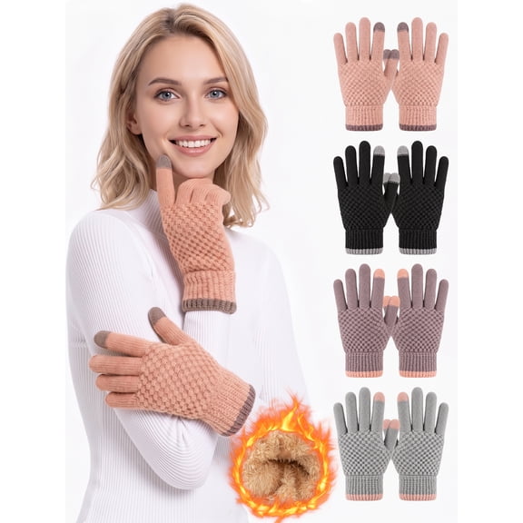 COOPLUS 4 Pairs Women's Winter Gloves Warm Fleece Lined Touch Screen Thermal Stretchy Knitted Gloves for Cold Weather