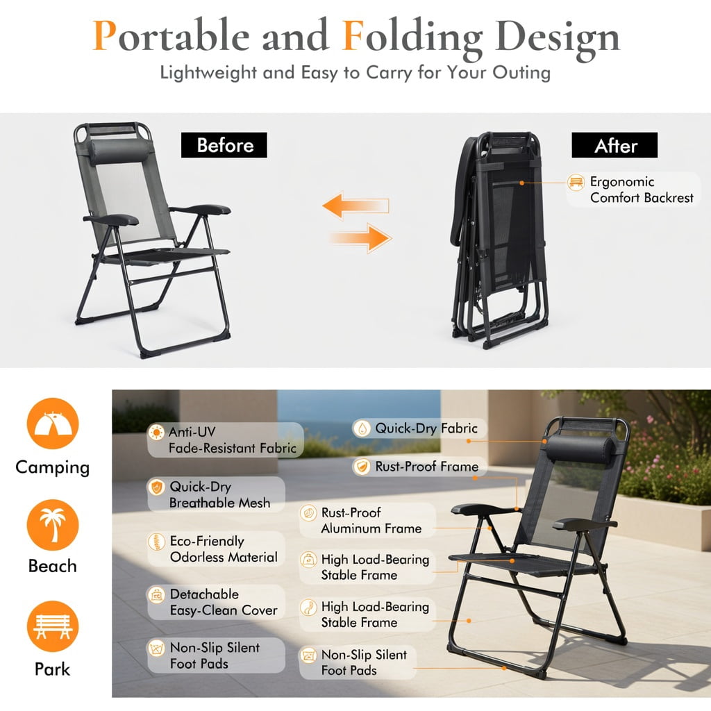 Hommoo 2-Pack Outdoor Adjustable Folding Recliner Chairs, 7-Position Backrest, Steel Frame & Breathable Oxford Fabric, Heavy-Duty Patio, Camping & Poolside Seating, Gray