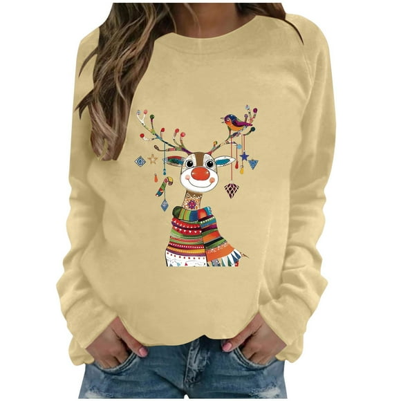Rbaofujie Womens Hoodie Women Christmas Fashion Camouflage Printed Round Neck Shoulder Long Sleeved Sweatshirt Tops Yellow Halloween Sweater