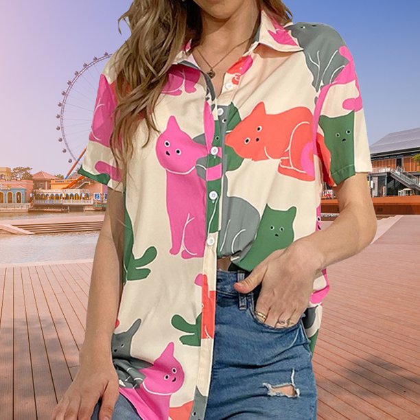 Camisas De Mujer Camiseta con botones de verano Blusa con estampado europeo para mujer Ropa femenina (Gris M) Cgtredaw para Mujer Gris T L