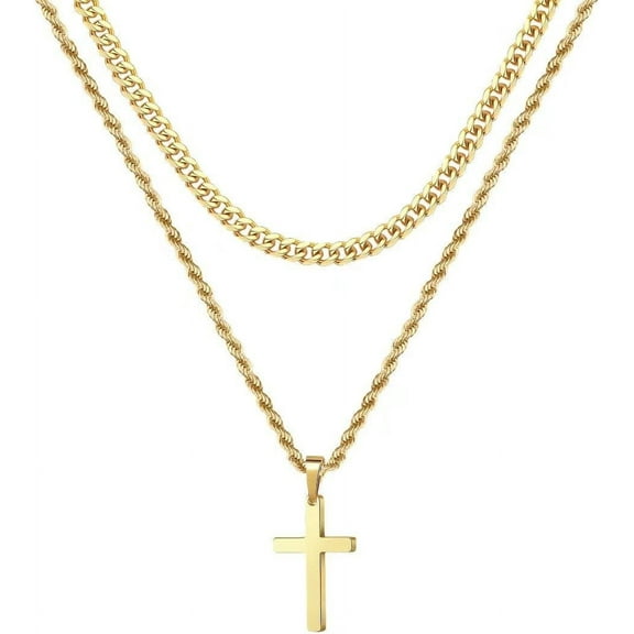 18K Gold Stainless Steel Cross Necklace for Men - Stylish Layered Rope Chain, 16-18 Inch - Tarnish-Resistant and Comfortable