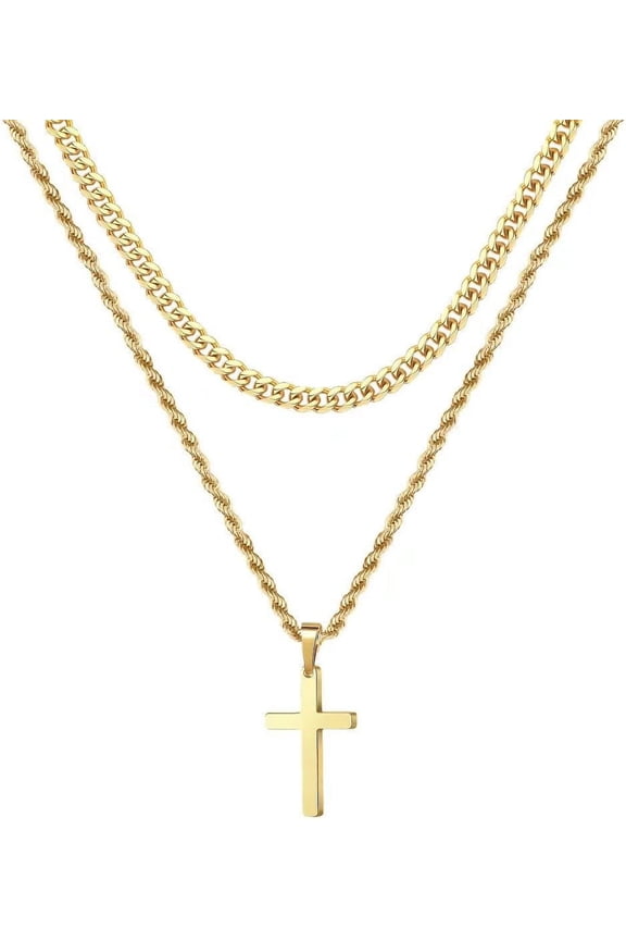 18K Gold Stainless Steel Cross Necklace for Men - Stylish Layered Rope Chain, 16-18 Inch - Tarnish-Resistant and Comfortable