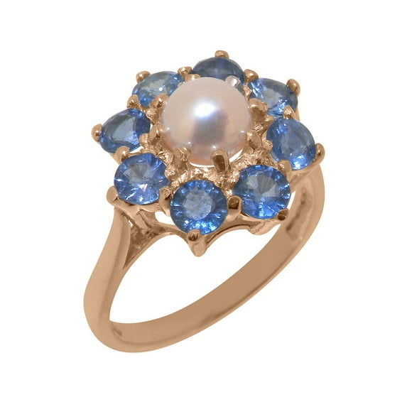 LBG British Made 14k Rose Gold Cultured Pearl & Sapphire Womens Promise Ring - 33 size options - Size 7.75