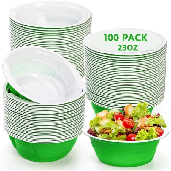 100 Pack Plastic Bowls, 23Oz Disposable Snack Bowl Bulk Large Party Serving Bowl Lightweight Salad Dessert Bowls for Party, Wedding, Birthday, Picnics, Holiday, Green