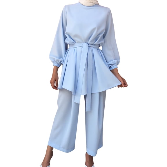 HJYCHN Women Outfit Solid Color Large Size Long Sleeve Casual 2 Piece Suit Modest Wear Outfits Large Size 2 Piece Suits Comfortable Fit Light Blue S