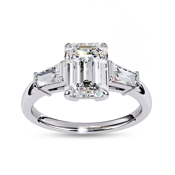 AFFY Three Stone Engagement Ring for Women Center 9x6.5mm Emerald Cut Lab Created Moissanite Promise Ring in 14K White Gold Over Sterling Silver Jewelry Gift for Her, Ring Size 4