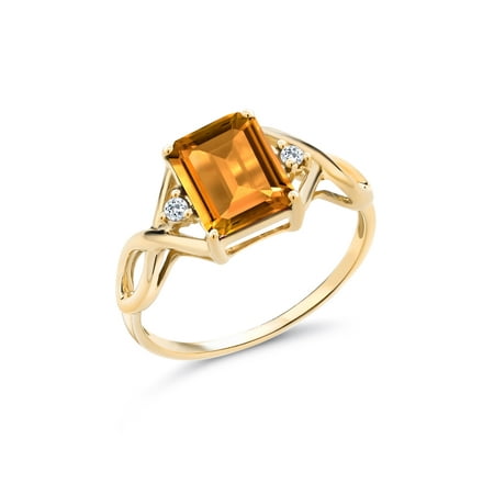 Gem Stone King 18K Yellow Gold Plated Silver Yellow Citrine and White Topaz Ring for Women (2.41 Cttw, Gemstone Birthstone, Emerald Cut 9X7MM, Available in Size 5, 6, 7, 8, 9)