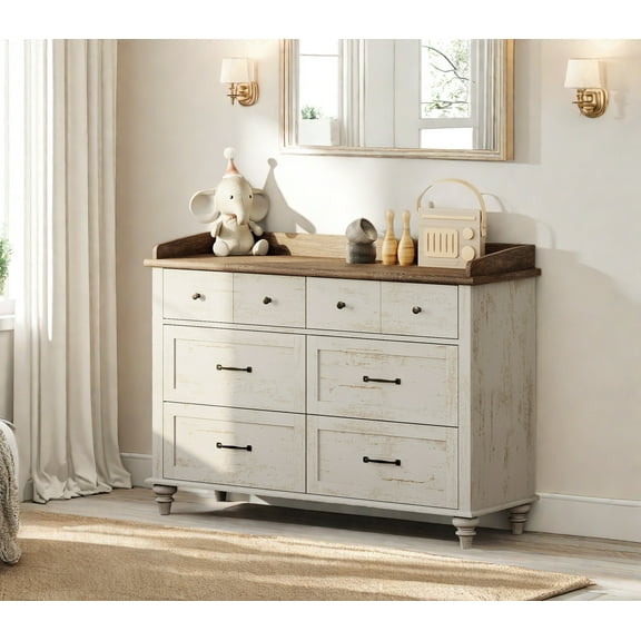 Dresser with 6 Drawers for Bedroom Cabinet Antique White Dresser, Farmhouse Closet Organizer for Living Room, Hallway