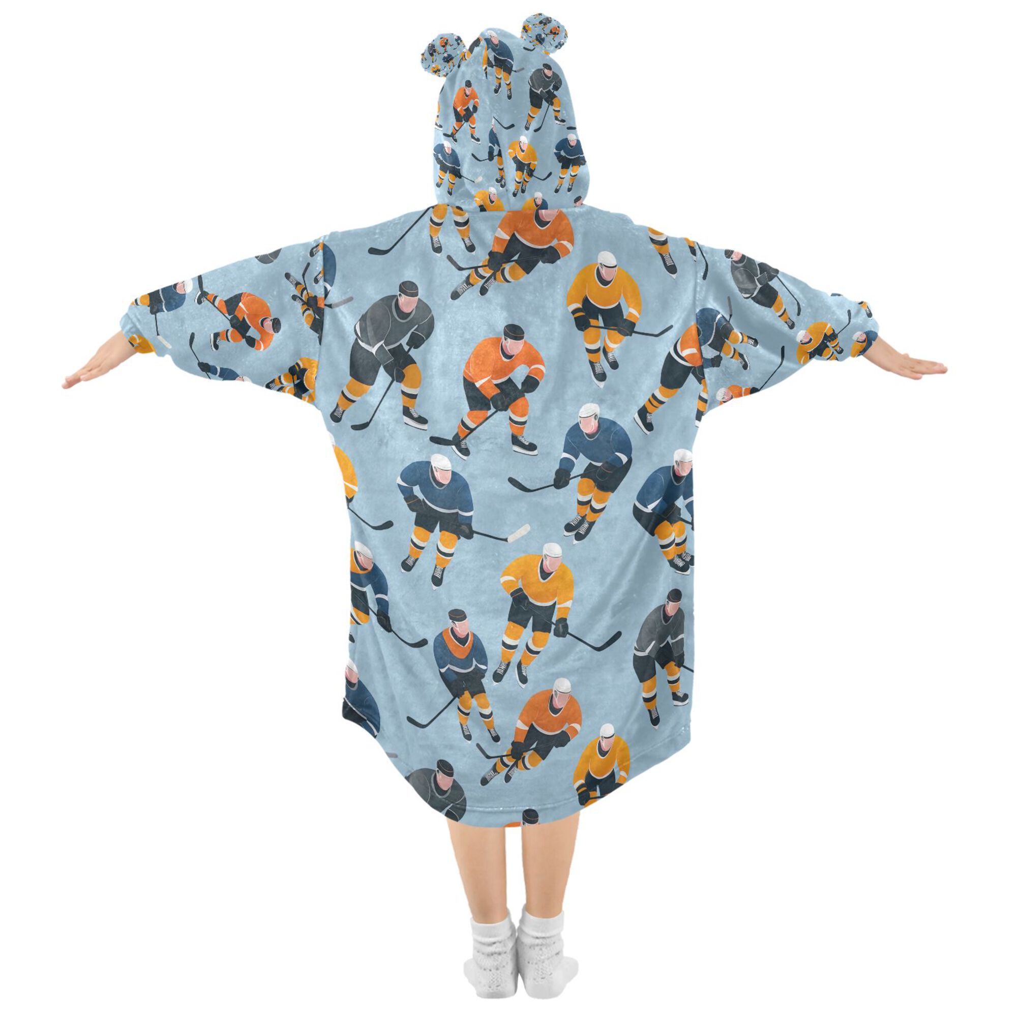 FORMRS Wearable Blanket Hoodie with Sleeves for Kids Cozy Flannel Sweatshirt, Cartoon Hockey Pattern