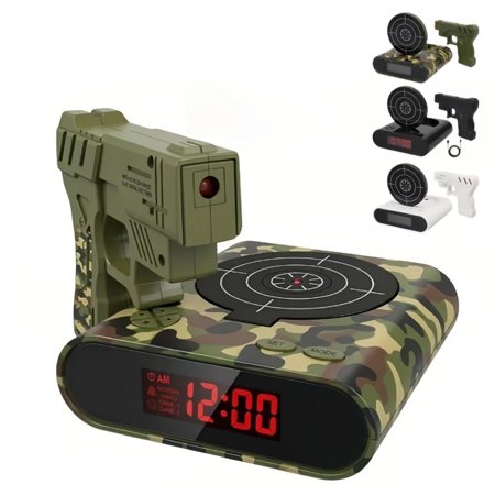 Gun and Target Alarm Clock with Large LED Display Laser Gun Shooting Alarm Clock for Bedroom Unique Alarm Clock
