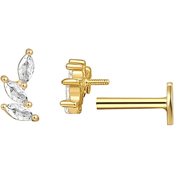 Cubic Zirconia Crawler Cartilage Labret Stud Earrings for Women Girls 925 Sterling Silver Crystal Leaf Tragus Monroe Climber Studs Lip Nose Ring Dainty Body Piercing Jewelry Gifts 16G