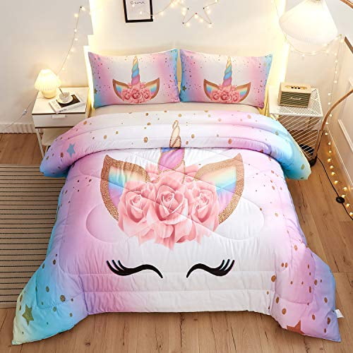 Namoxpa Unicorn Bedding 3 Piece Flower, Girl Queen Bed In A Bag Sets
