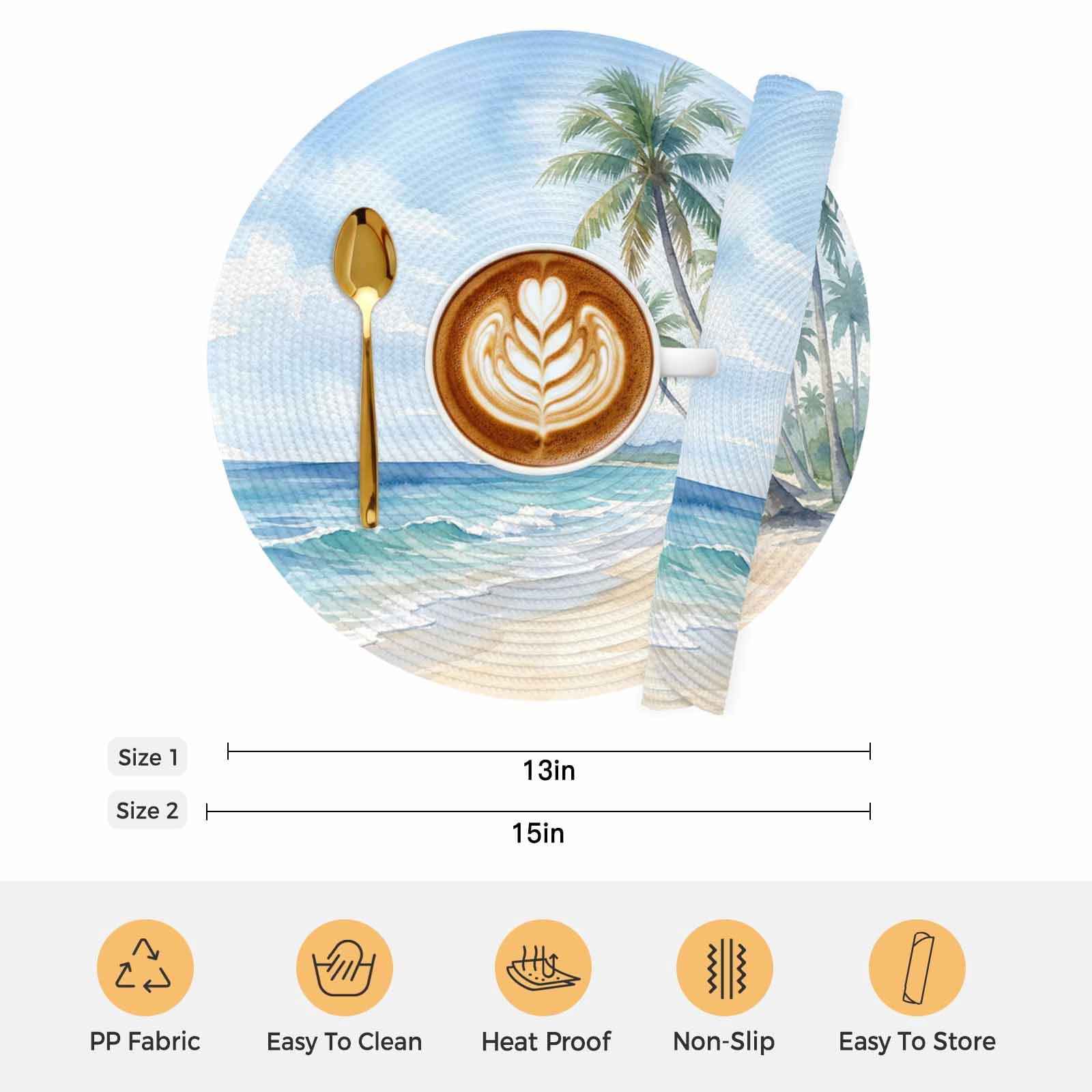 Summer Beach Palm Tree Round 15 Inch Placemats Set of 6, Blue Coastal Tropical Ocean HeatResistant Non Slip Place Mats for Dining Table, Wipeable Braided Kitchen Table Mats for Housewarming
