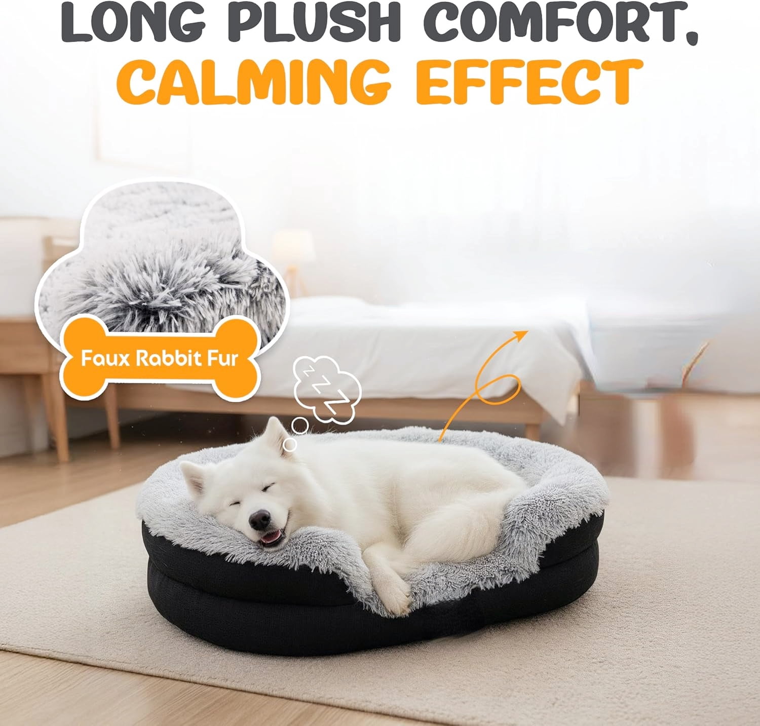 Fluffy Orthopedic Dog Bed Gray 43 Inch Cozy Oval Pet Donut Bed for Large Dogs