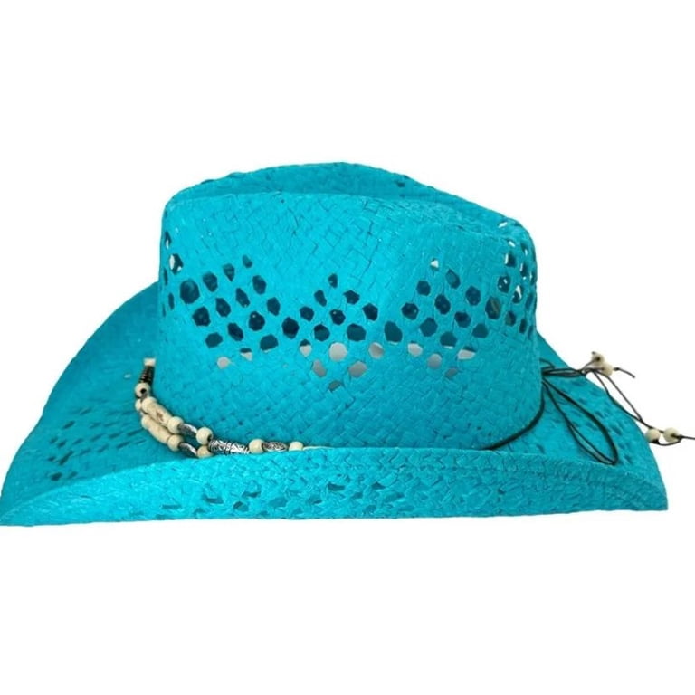 7582 Turquoise Straw Cowboy Hat For Men Women Summer Western Cowgirl Hat Woven Adult TURQUISE BLUE Straw COWBOY HAT w/ Beads Shapeable  main image 4