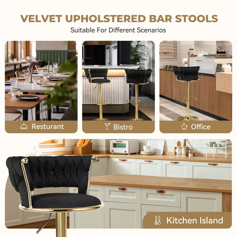 Hawsaiy Modern Velvet Bar Stools Set of 2, Adjustable Height Woven Back Bar Chairs with Footrest and Swivel for Kitchen Island & Dining Room, Black