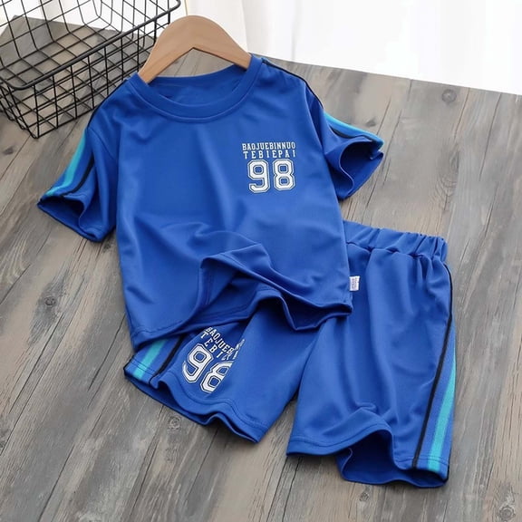 Toddler Boys Summer Outfits 2 Piece Short Sleeve Sports Tshirt and Shorts Outfits Clothes Size 18-24 Months ,Blue