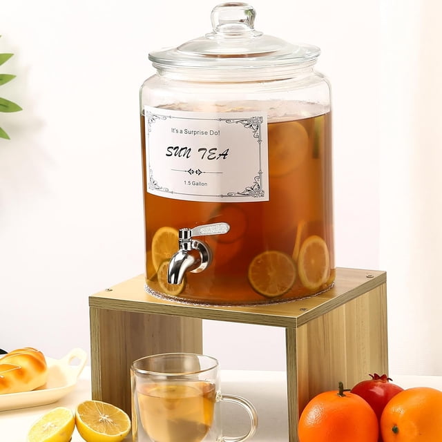 Dispensador de bebidas de 1,6 galones - Dispensadores de bebidas de vidrio para fiestas - Dispensador de bebidas con soporte, grifo de acero inoxidable 18/8 - Tarro de vidrio Sun Tea para exteriores,