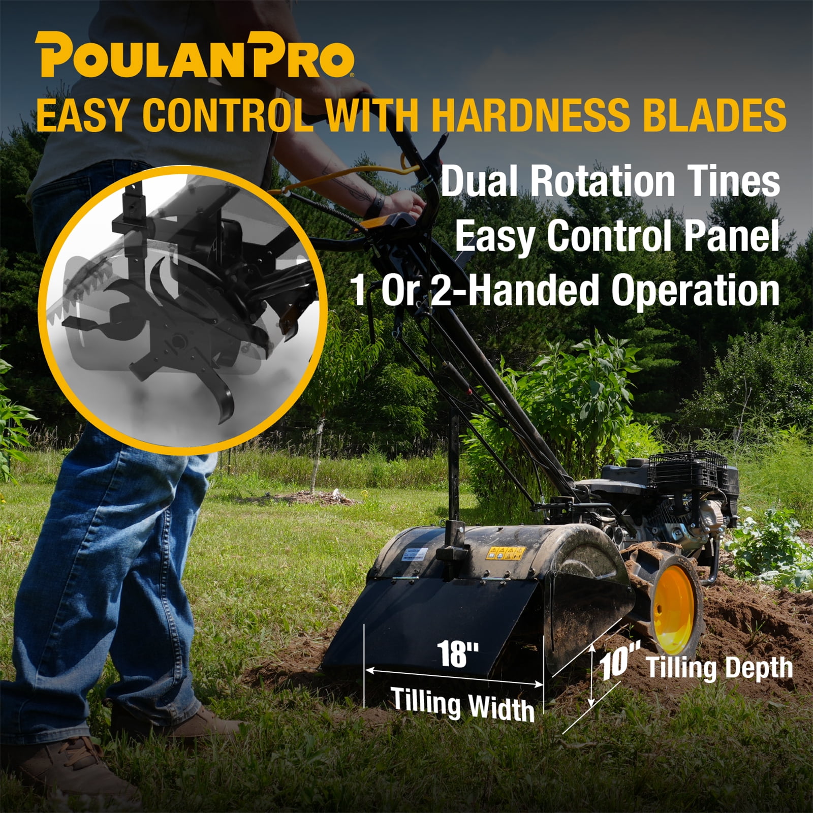 Poulan Pro Dual Direction Rear Tine Tiller, 212cc Powerful Gas Engine, Full Gear Transmission, Dual Rotating, Airless Tires,  Instant Reverse 18 Inch Gas Gardon Tiller,  Model: PPDRT18 PRO