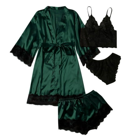 

QENGING Womens Sleepwear Clearance Plus Size Lingerie Silk Robe Satin Bathrobe 4 piece Nightgowns Pajamas