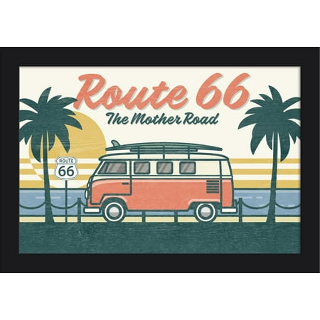 - Route 66 - The Mother Road - Camper Van Beach Scene - Lantern Press Artwork (18x12 Giclee Art Print, Gallery Framed, Black Wood)