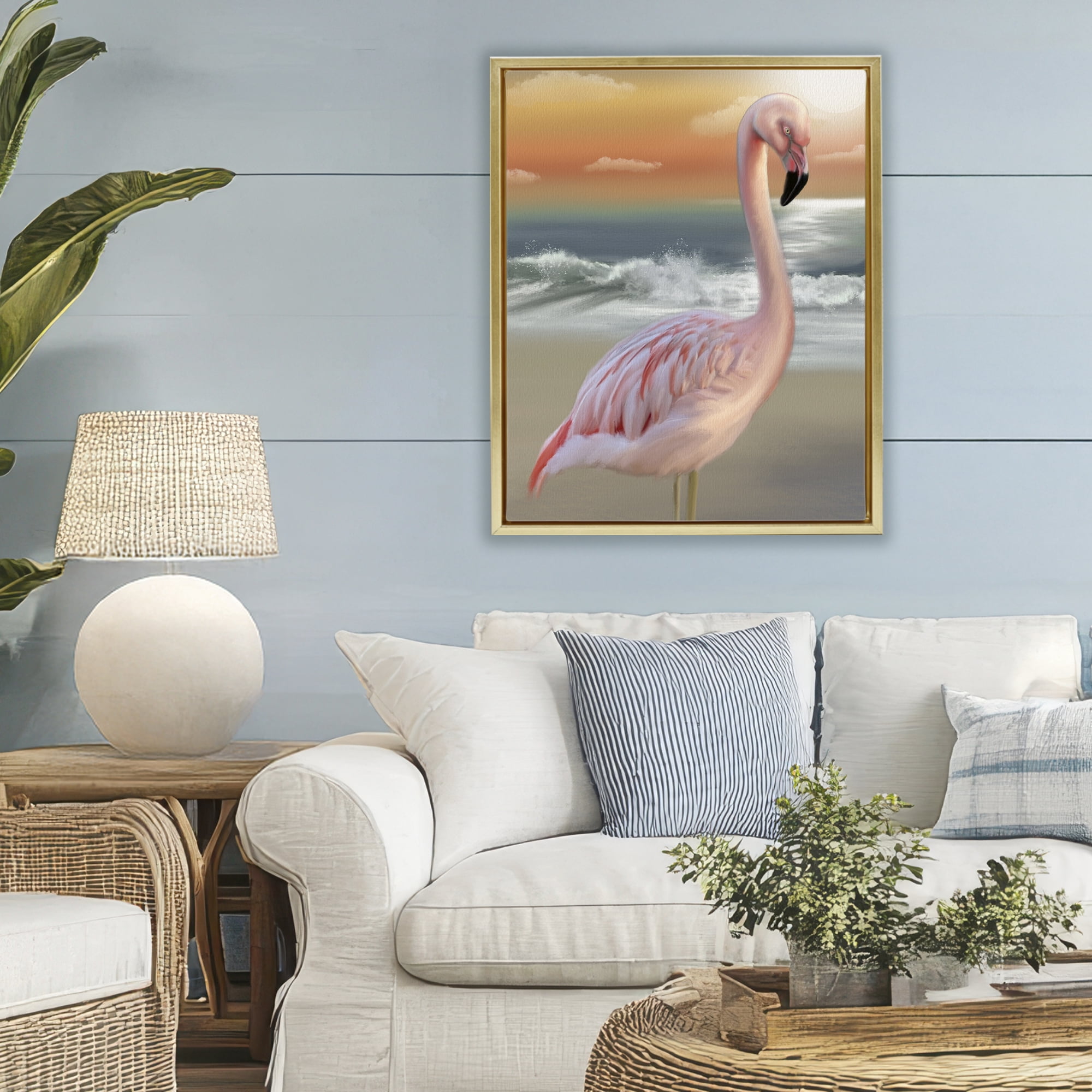 Stupell Industries Coastal Beach Flamingo Gold Framed Floater Canvas Wall Art, design by Matthew Piotrowicz